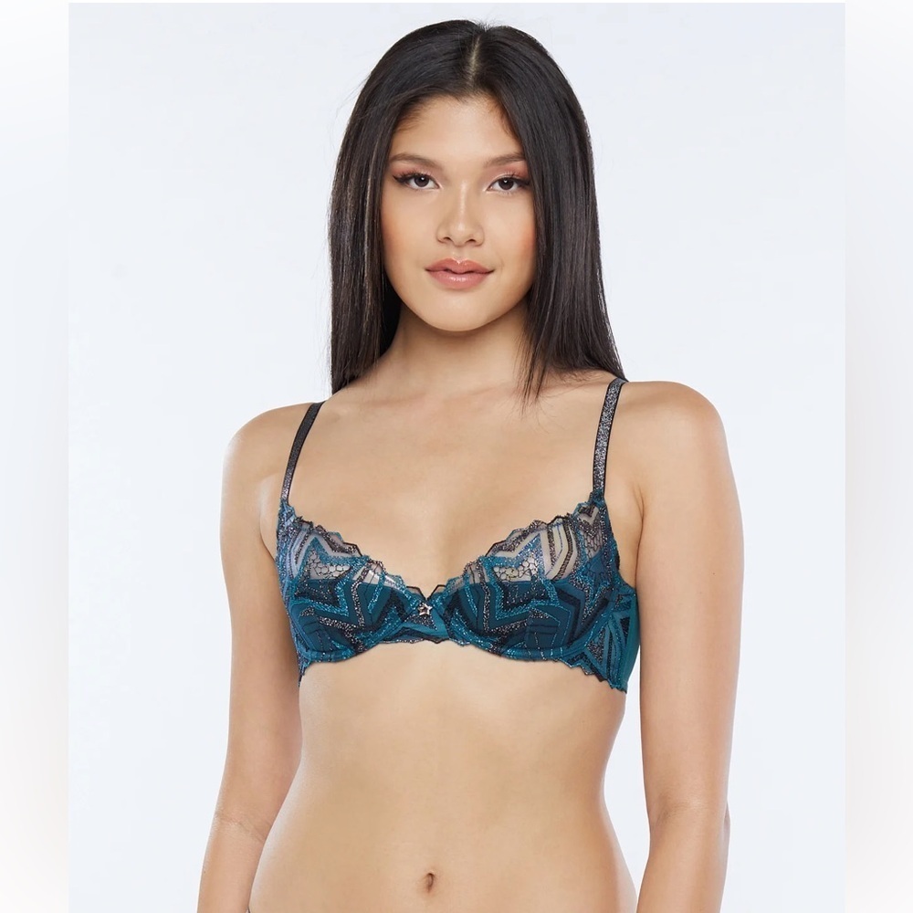NEW Savage X Fenty SHINING STAR HALF CUP PLUNGE BRA BLUE EMBROIDERY 32D